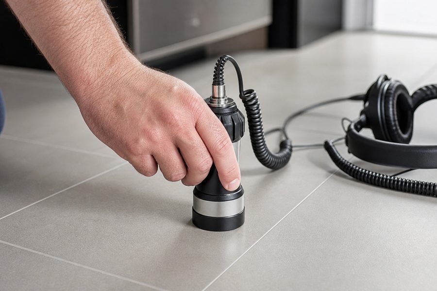 Geofone digital detectando vazamento em piso sem quebrar
